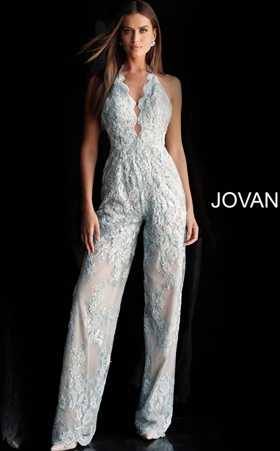blue lace with nude underlay prom jumpsuit 60124